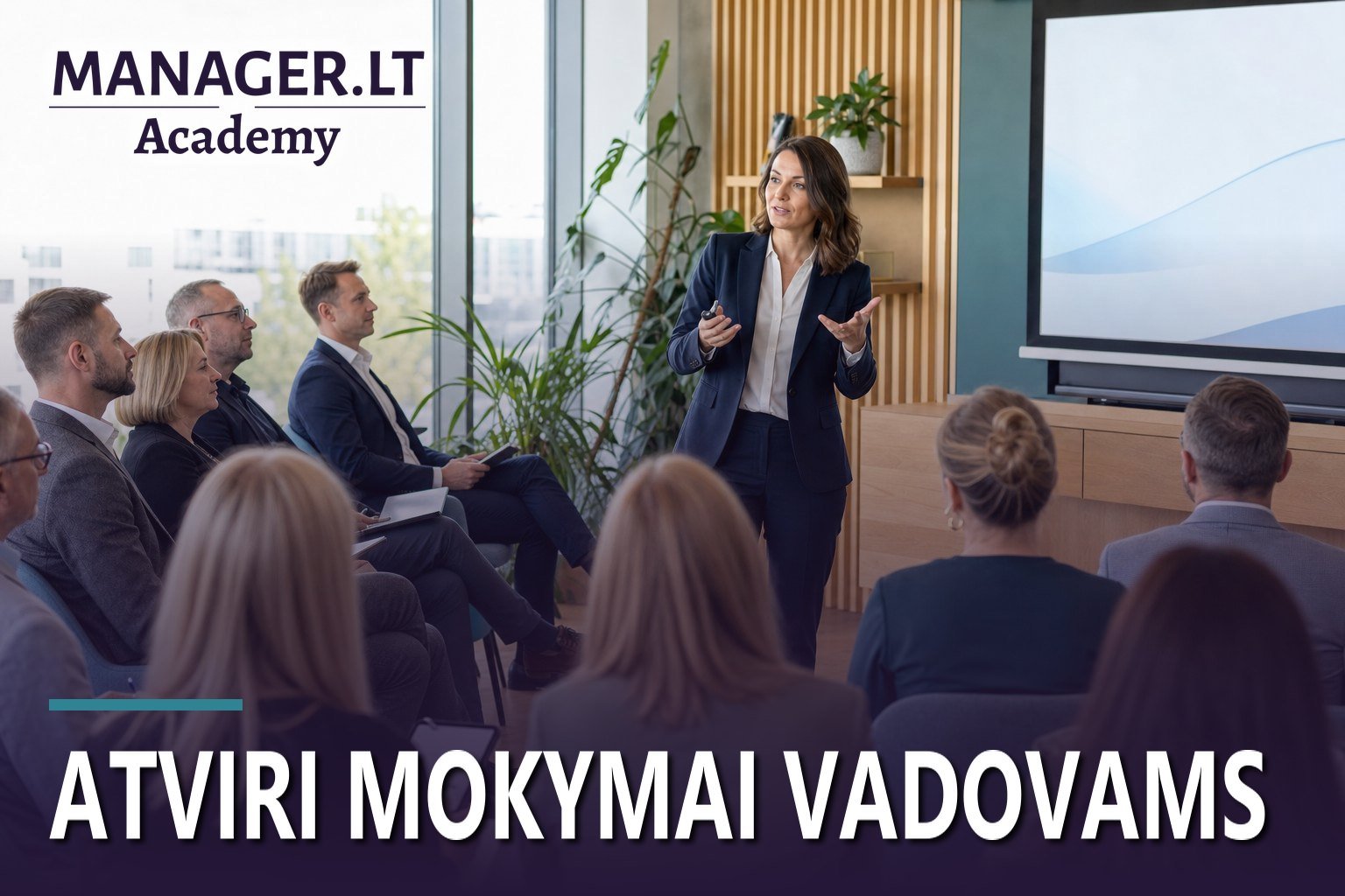 Lektorė veda atvirus mokymus vadovams — dalyviai iš skirtingų įmonių klausosi modernioje mokymų erdvėje