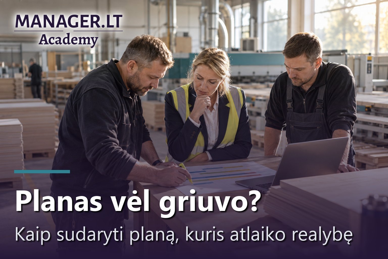 Komandos vadovas baldų gamykloje rytiniame susirinkime prie stalo žymi savaitės gamybos grafiką