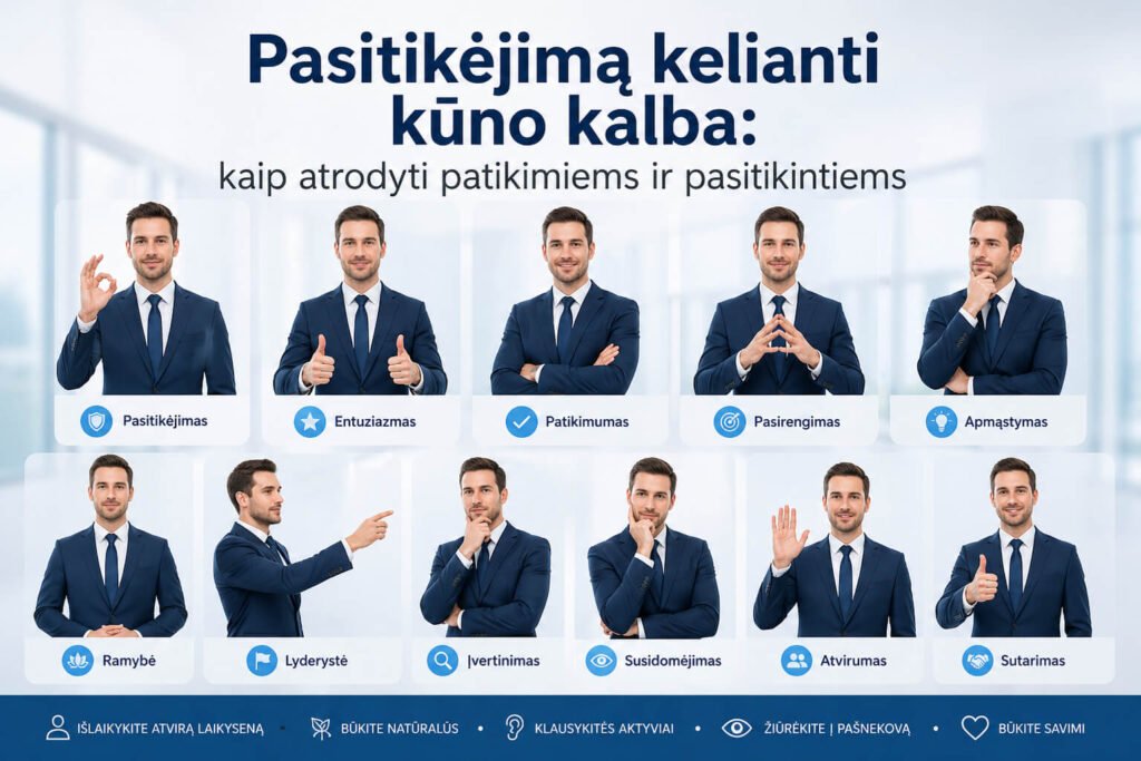 Vyras vilkintis kostiumą rodo įvairius pasitikėjimo kūno kalbos gestus: laikyseną, rankas, žvilgsnį.