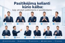 Vyras vilkintis kostiumą rodo įvairius pasitikėjimo kūno kalbos gestus: laikyseną, rankas, žvilgsnį.