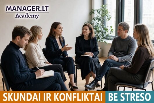 Skundų, konfliktų ir streso valdymo mokymai - dalyviai aptaria sudėtingą situaciją praktinėse dirbtuvėse