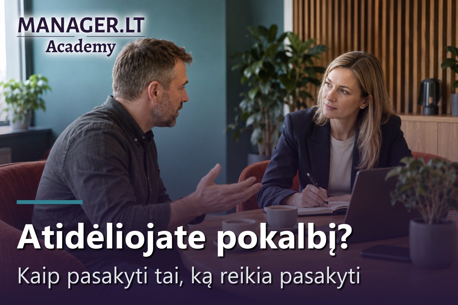 Darbuotojas aiškina savo požiūrį, vadovė atidžiai klauso ir užsirašo per individualų pokalbį